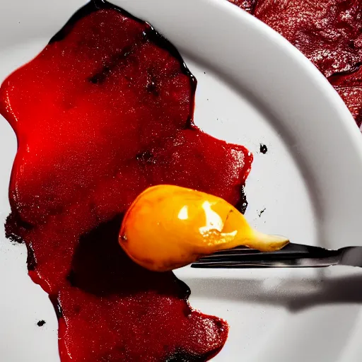Prompt: a photorealistic fork in the crimson-black honeycomb, dripping honey, professional food photography, Movie Still, Triadic color grading.