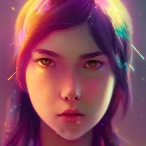 Prompt: portrait of teen girl, art by Ross tran, vivid color palette, digital painting, 3D, octane render, post process in Photoshop, highly detailed, particles, light effect