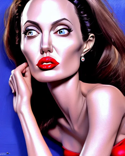 Image similar to closeup profile face profile portrait of a tin toy angelina jolie as a waitress in a diner, bikini, hyper realistic, artstation, illustration, concept art by bill ward, digital paint, matte paint, vivid colors, bright, cheerful, detailed and intricate environment