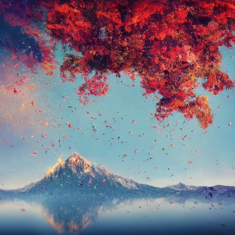 Image similar to a beautiful awesome artistic tree with falling flowers like leaves and many birds, all in the amazing outdoors view, mountain in the background, lake, long exposure, 8 k resolution, trending on artstation