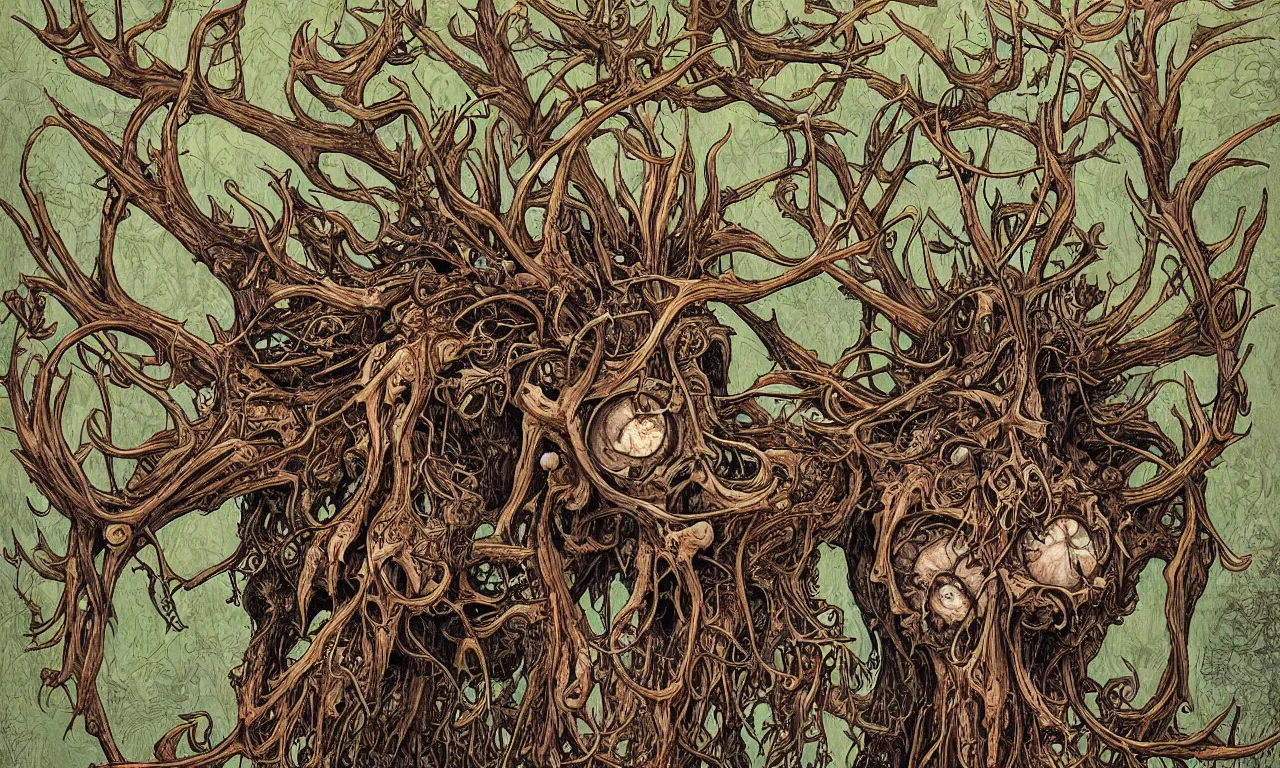 Image similar to hyperdetailed art nouveau portrait of treebeard as a cthulhu eyeball moose skull wendigo cryptid monster, by geof darrow, simon bisley and bill sienkiewicz, grim yet sparkling atmosphere, photorealism, claws, skeleton, antlers, fangs, forest, wild, bizarre, scary, lynn varley, lovern kindzierski, steve oliff