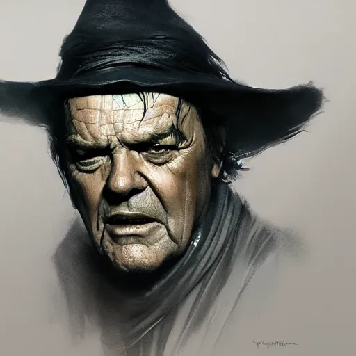 Image similar to portrait of Jack Nicholson as Gandolf the Gray, dramatic lighting, illustration by Greg rutkowski, yoji shinkawa, 4k, digital art, concept art, trending on artstation