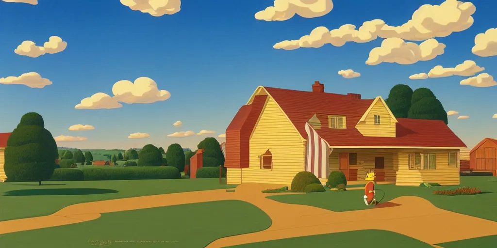 Prompt: homer simpson andthe simpsons house clouds, blue sky, summer evening, kenton nelson