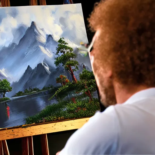 Image similar to a closeup photorealistic photograph of bob ross working on a canvas painting of spiderman. film still. brightly lit scene. mountains and trees. this 4 k hd image is trending on artstation, featured on behance, well - rendered, extra crisp, features intricate detail, epic composition and the style of unreal engine.