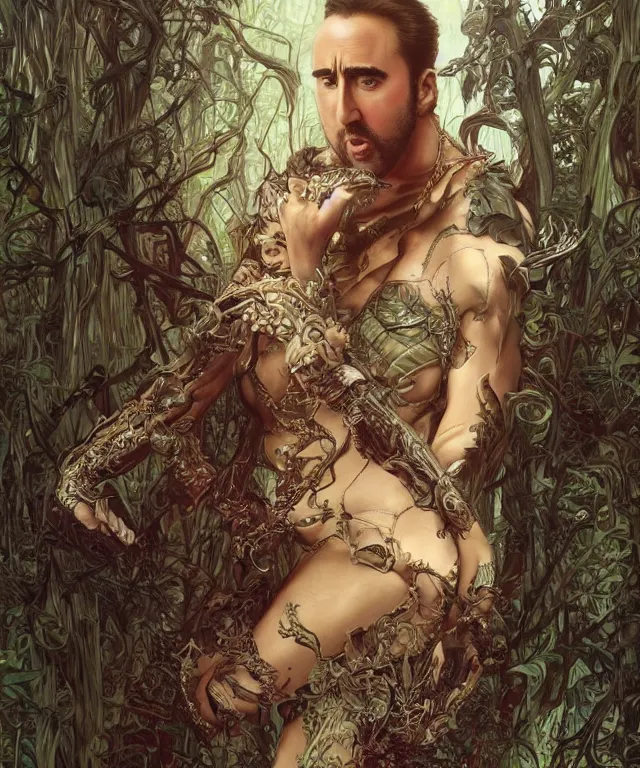 Image similar to epic full body portrait of Nicolas Cage fantasy, intricate, elegant, highly detailed, nicolas cage, nic cage, nicolas cage, digital painting, artstation, concept art, smooth, sharp focus, illustration, deep forest on background, art by artgerm and greg rutkowski and alphonse mucha,