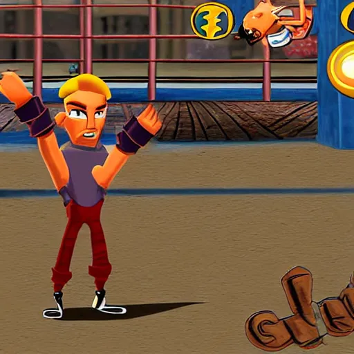 Prompt: character screenshot of ufc fighter sean o'malley in psychonauts, ps 2 platform game, dream world, sd video, cutscene, colorful hair, designed by scott campbell