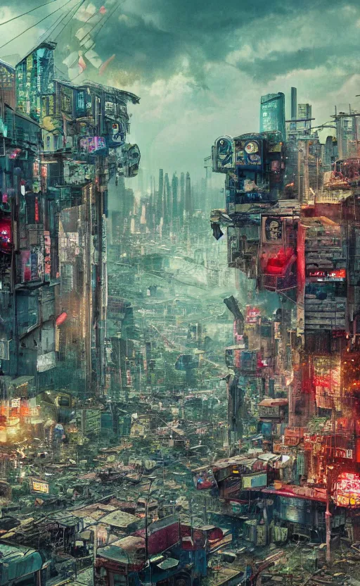 Prompt: award winning Photography of a decaying city in the sky, cyberpunk, midsommar, full of color,
