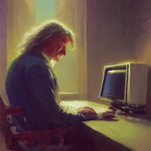 Prompt: portrait of isaac newton bulding a computer, artwork by gaston bussiere, craig mullins, trending on artstation