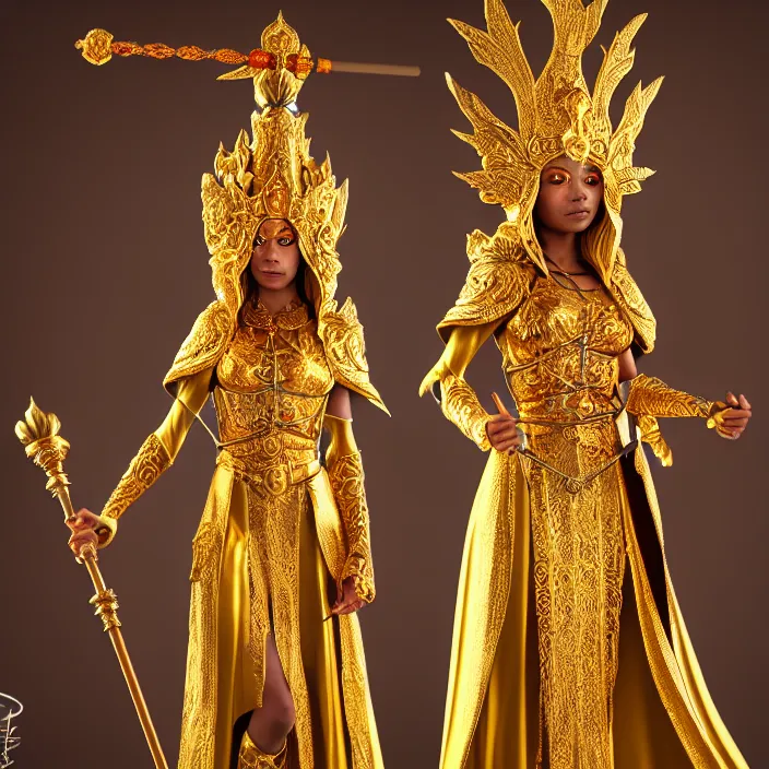 Prompt: photograph of a real-life beautiful sun witch with ornate gold robes and staff. Extremely detailed. 8k