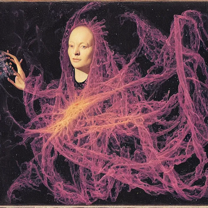 Prompt: a closeup portrait of a cloaked woman floating next to an eel nebula, eel nebula, by jan van eyck