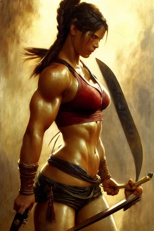 Image similar to muscular sweat lara croft as samurai, highly detailed painting by gaston bussiere, craig mullins, j. c. leyendecker 8 k