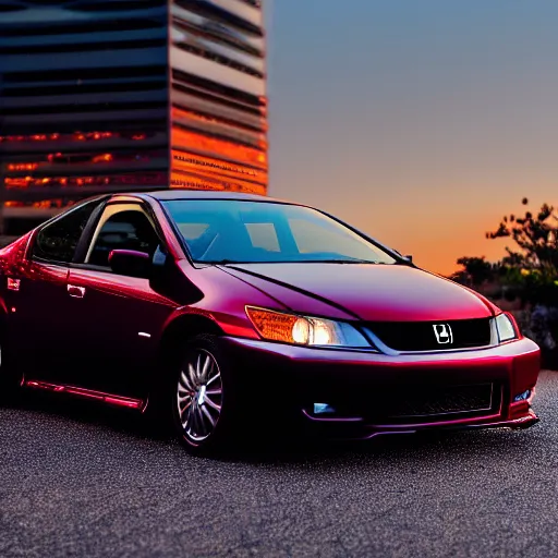 Prompt: a photo of a Honda Civic with anime decals on it in the Bay Area California, dusk, dramatic lighting, 100mm, Nikon