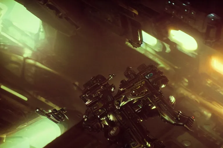 Prompt: VFX movie of a futuristic inhuman alien spacemarines in future spaceship, firing gun at space pirates detailed creature skin neon lighting by Emmanuel Lubezki
