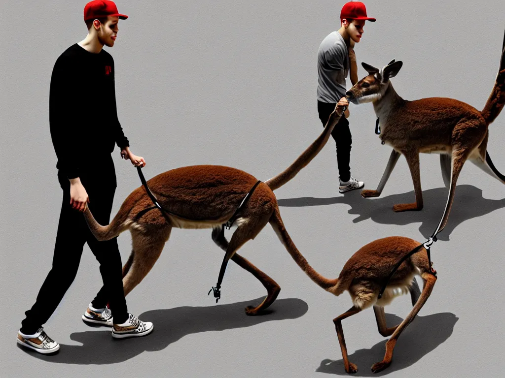 Image similar to pete davidson walking a kangaroo, 4k, trending on artstation, photorealistic, hyper detailed,