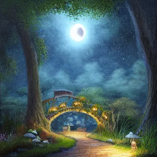 Image similar to painting, high detail, woodland village, in the night, fantasy, crescent moon, stone paths, bridge, water stream, luminous, toadstools, fireflies, fantasy,, flowers, lanterns, mist, highly detailed painting, fine lines, 8 k realistic, sharp focus