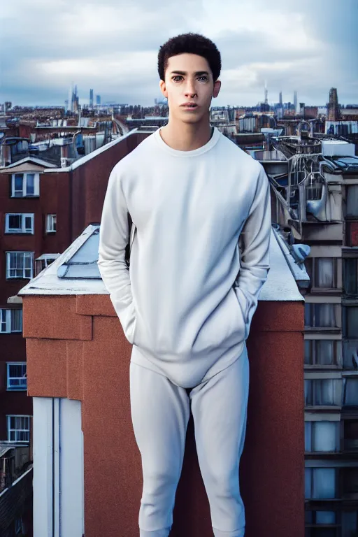 Image similar to un ultra high definition studio quality photographic art portrait of a young man standing on the rooftop of a british apartment building wearing soft padded silver pearlescent clothing. three point light. extremely detailed. golden ratio, ray tracing, volumetric light, shallow depth of field. set dressed.