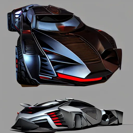 Prompt: 2 0 8 0 future design for the batmobile, badass batmobile car design, turnaround, remake, reboot, centered, uncropped, studio lighting, trending on artstation, featured on deviantart