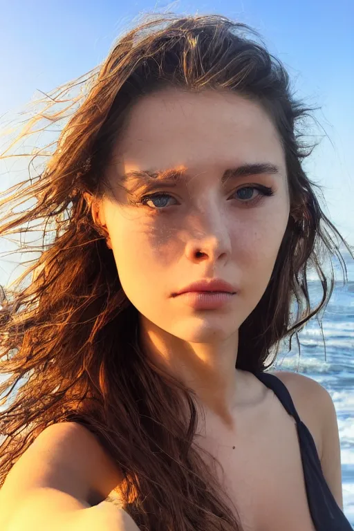 Image similar to 2 4 year old female model, wearing low cut top, zoomed in, photo realistic, extreme detail skin, no filter, slr, golden hour, beach, wind in hair, 4 k, high definition, selfie