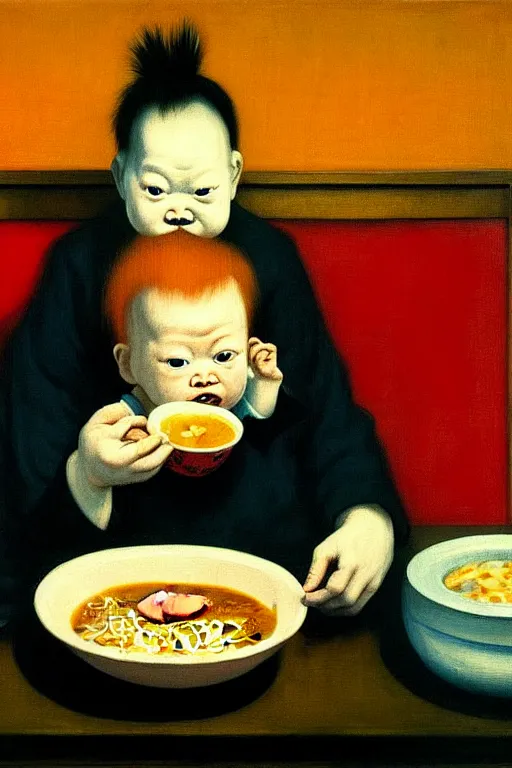 Image similar to evil human giant baby eating a huge bowl of ramen in new york city, traditional chinese restaurant, hauntingly surreal, highly detailed painting by francis bacon, edward hopper, adrian ghenie, gerhard richter, and james jean soft light 4 k,