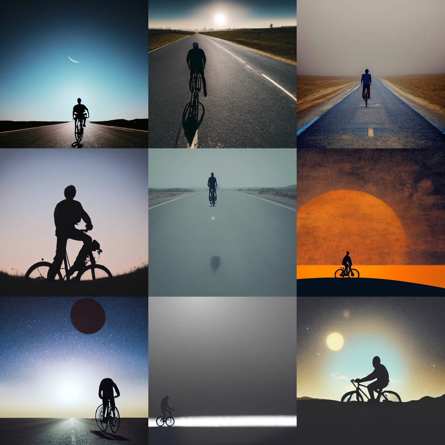 Prompt: high detail photo of a silhouette of a man riding a bicycle on a long road, behind him is a big blue planet with a disc, cinematic, atmospheric, spooky, hazy, 8k, tranquil, desolate