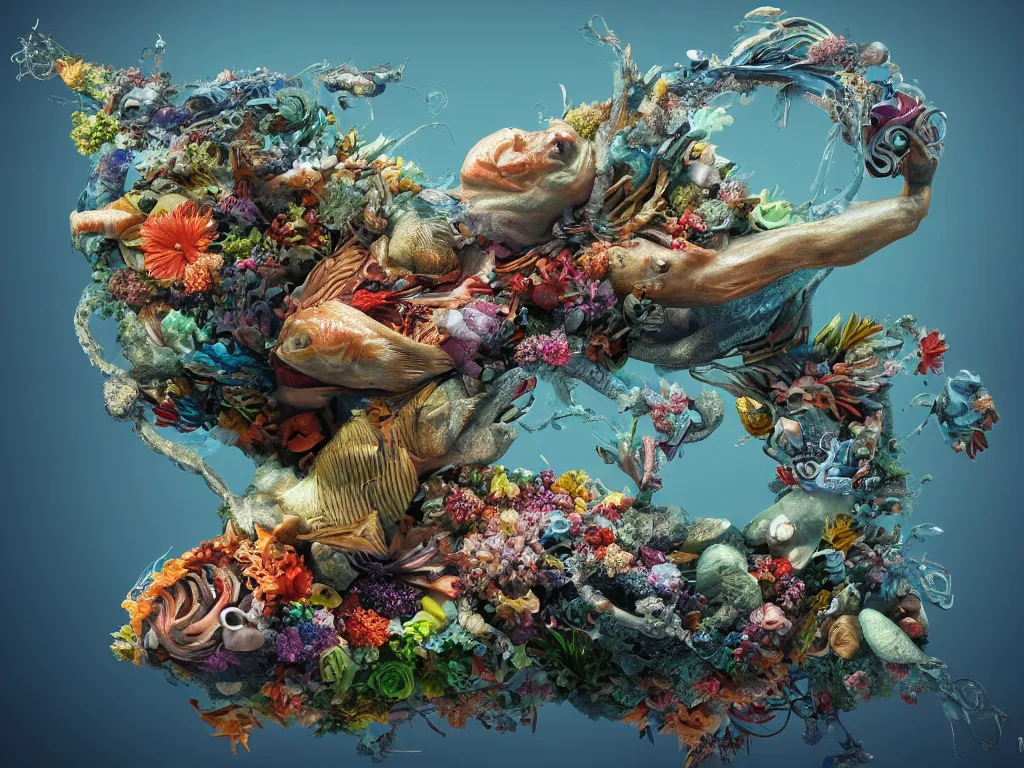 Prompt: a sculpture of fish ocean intertwined, a lovely cornucopia of flowers and human body parts, body parts, highly detailed, octane render, cinematic, shock, sharp focus, ball, an independent psycho, clean