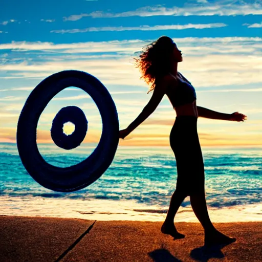 Image similar to a woman facing a oval blue energy portal on the street, which shows a beach at sunset