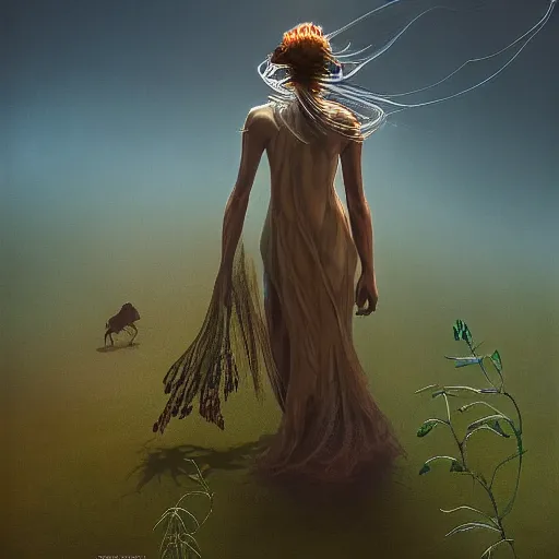 Image similar to beautiful banshee walks around Socotra among plants, flowers, trees and snags in a long transparent flowing dress and meets mystical animals, mystical insects, mystical birds, lizards, snakes, gorgeous, intricate, hypnotic dimensions, ruan jia, steve mccurry, Zdzislaw Beksinski style, sharp focus, intricate concept art, digital painting, ambient lighting, 4k, hdt, artstation trending on Gsociety, trending on ArtstationHQ, hyper quality, 16K