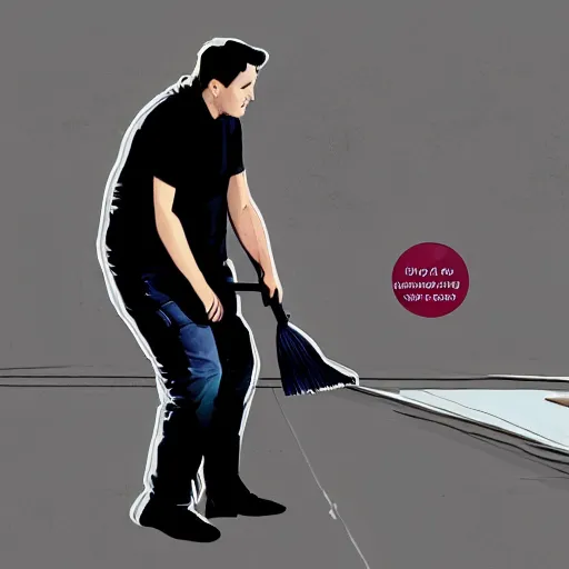 Prompt: a janitor using elon musk as a broom to clean the floor of a dirty empty planet, digital art, trending, award - winning, cinema