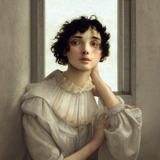 Image similar to A dreamy sleepy young woman with very short dark curly hair, portrait art by caspar david friedrich and pieter bruegel, highly detailed, digital painting, concept art, illustration, dim lighting with twilight rays of sunlight coming through the window with closed shutters, trending on artstation, very detailed, smooth, sharp focus, octane render