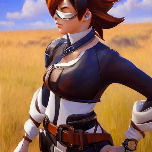 prompthunt: oil painting of tracer overwatch in a field wearing large  leather belt choker around neck, in style of mark arian, expressive face,  detailed face, detailed eyes, full body, feminine face, tracer