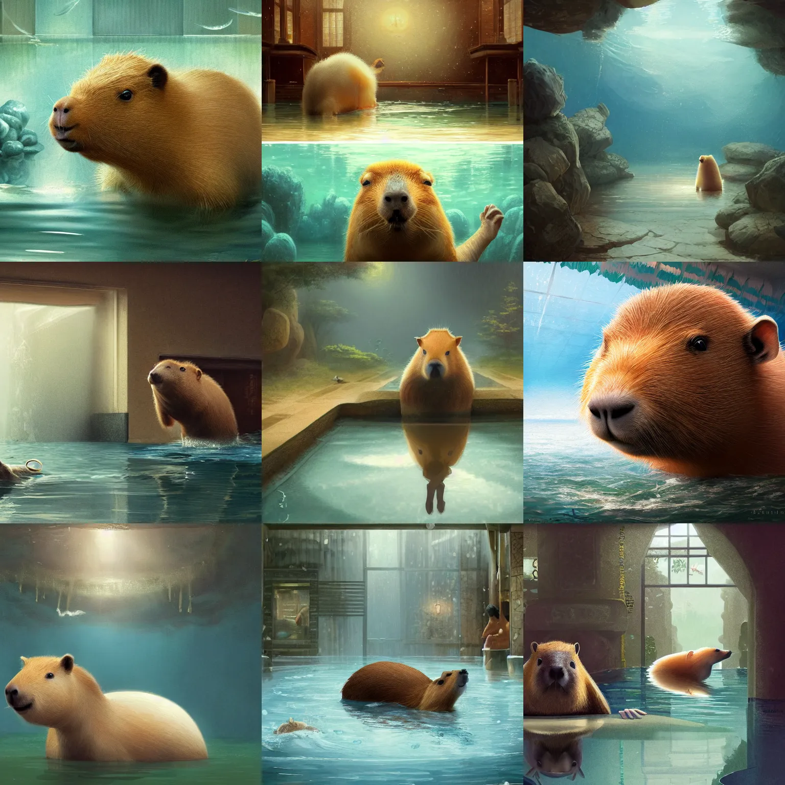 Prompt: a cute capybara in tuxedo swimming in an onsen, the water is steaming, in the style of Hachmyta and greg rutkowski and thomas kinkade, detailed, epic, trending on artstation