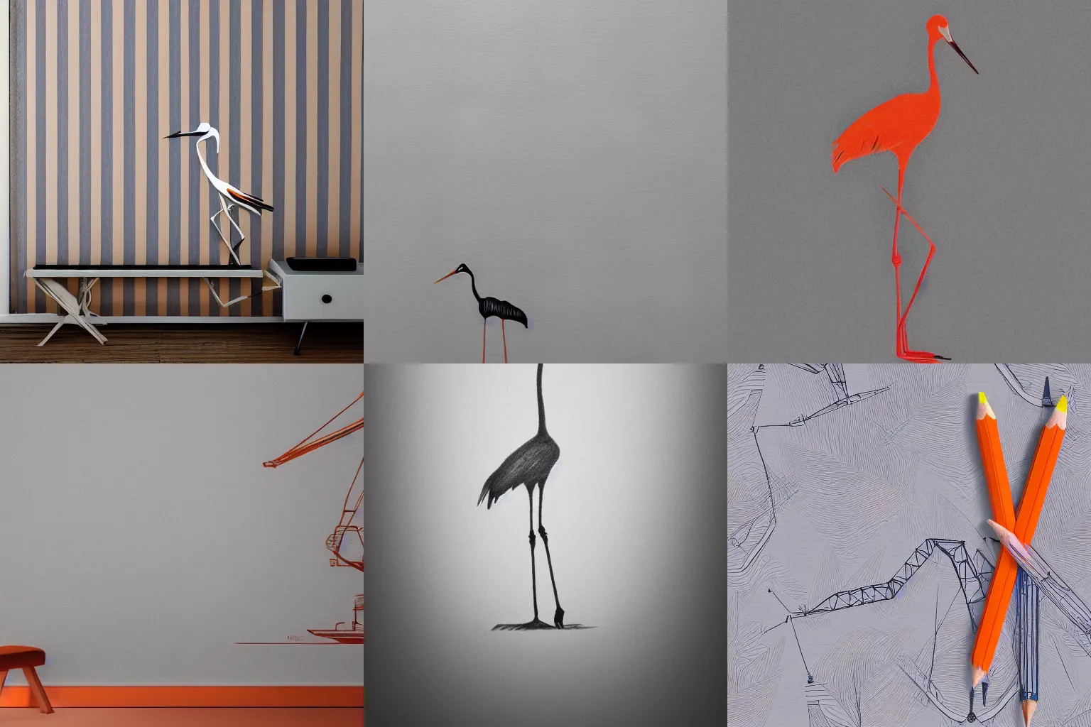 Prompt: a minimalistic wallpaper with pencil drawings of a crane, orange pastel colors