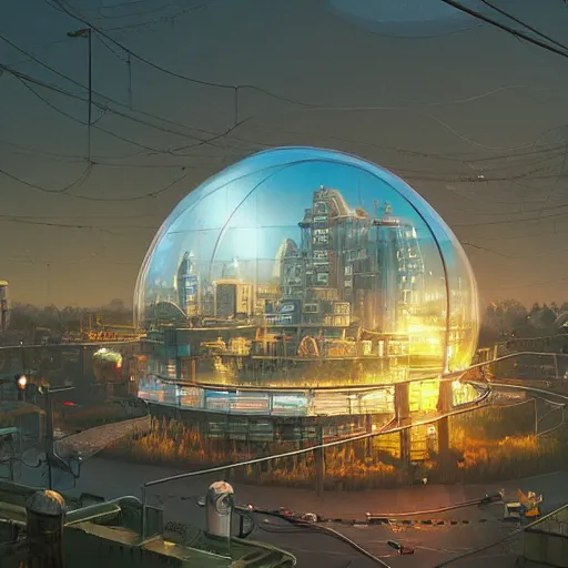 Prompt: A city trapped in a giant transparent dome, bubbles, cinematic lighting, insanely detailed, artstation, cgsociety, painted by Simon Stalenhag, concept art, illustration, sharp focus,