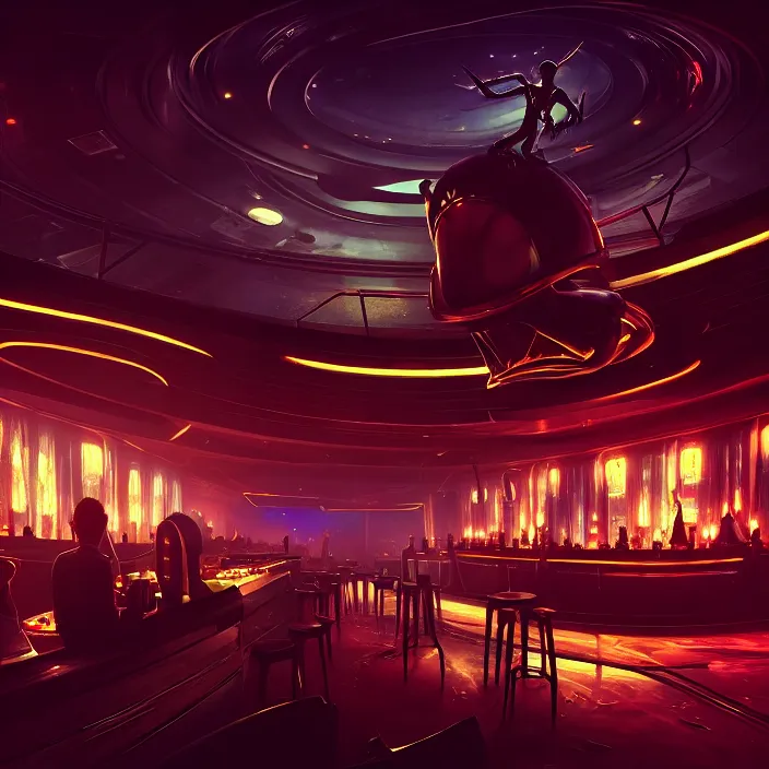 Prompt: a bar in an alien casino, masterpiece, trending on artstation, featured on pixiv, cinematic composition, dramatic pose, beautiful lighting, sharp, details, hyper - detailed, hd, hdr, 4 k, 8 k
