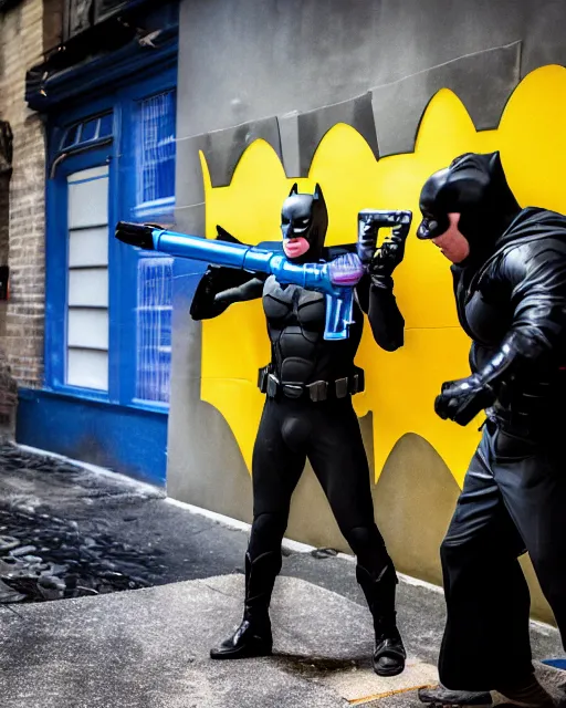 Image similar to happy batman firing super soaker water gun at playful criminals in an alleyway, product advertisement, photogenic photograph