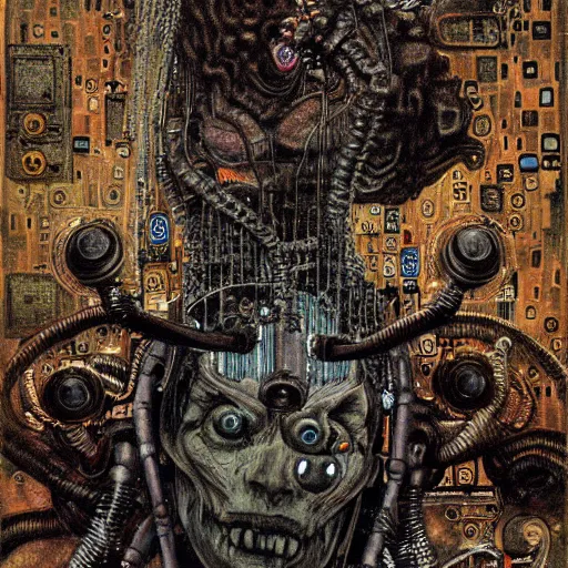 Image similar to depraved cybernetic demon, circuitry, intricate detail, klimt, frazetta, giger,