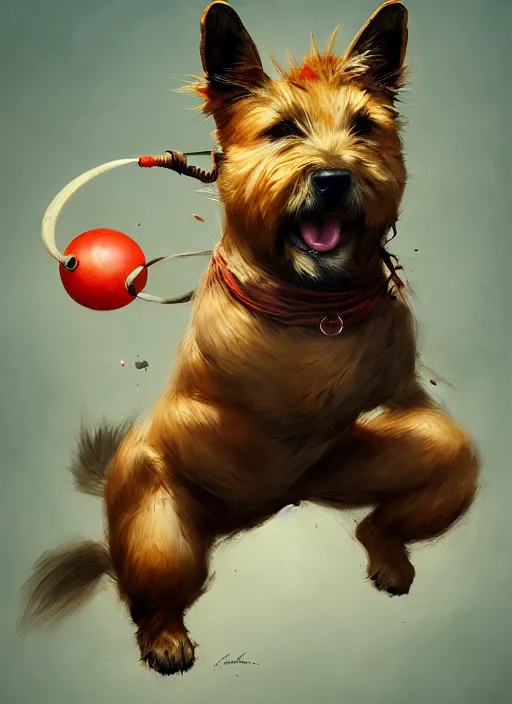 Image similar to norwich terrier as an kung fu master, backround dark, highly detailed, digital illustration, trending in artstation, modern painting, smooth, sharp focus, intricate, by peter mohrbacher