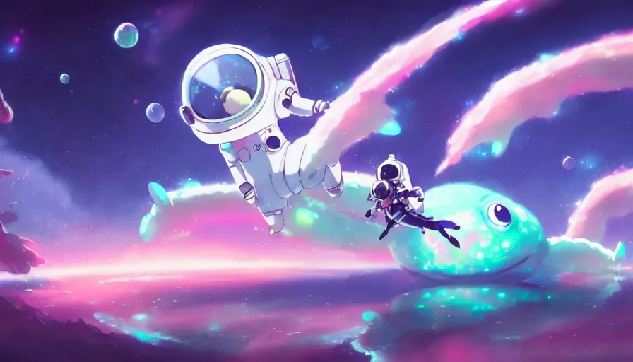 Prompt: a still of a cute kawaii astronaut android riding a large neon kaiju dragon, nebulous background of dynamic space, a dramatic composition by wlop and greg rutkowski and makoto shinkai and studio ghibli and kyoto animation cute bubbly clothing, highly detailed, digital painting, matte