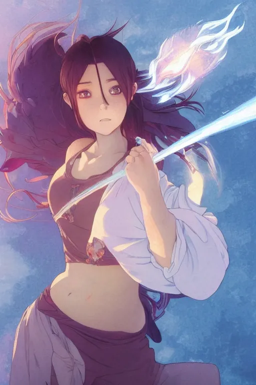 Image similar to anime key visual of a pretty sorcerer girl, wearing sweatpants and a crop top, practicing fire spells in her bedroom, intricate, lofi feel, magical, highly detailed, digital painting, artstation, smooth, hard focus, illustration, art by artgerm and greg rutkowski and alphonse mucha