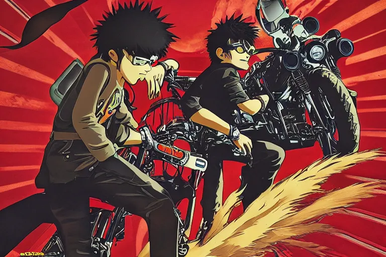 Image similar to schwartz, akira's motorcycle, gorillaz, poster, high quality