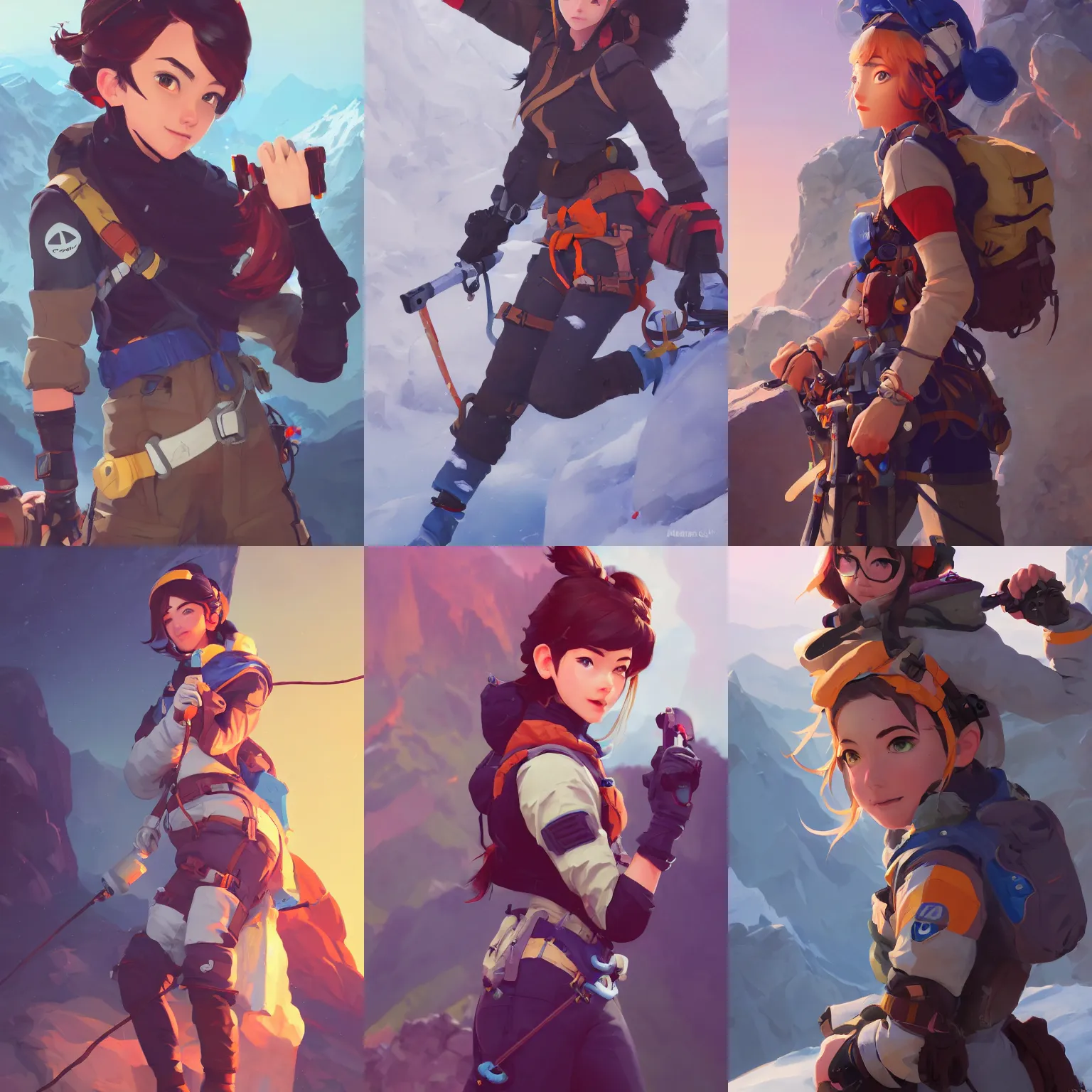 Prompt: a portrait of a cute female mountaineer, outdoors setting, overwatch art team, action pose, vivid colors, soft lighting, atmospheric, cinematic, moody, splash art in the style of ilya kuvshinov and range murata, oil on canvas, 8 k