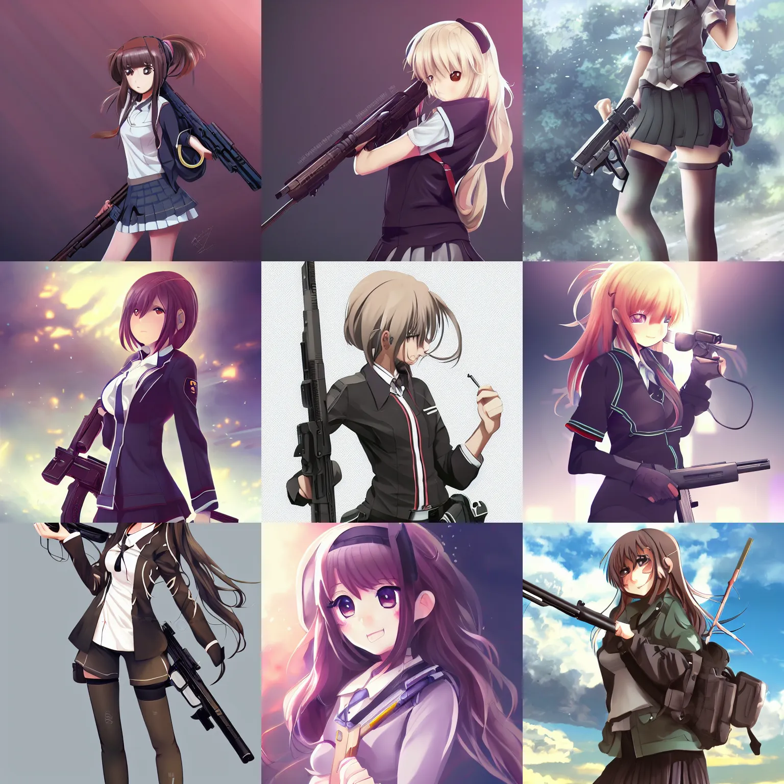 Image similar to anime, full body, cute, female, a cute girl wearing a school uniform and holding a sniper rifle, gorgeous lighting, highly detailed, digital painting, art station, sharp focus, high quality, frontal view, illustration, concept art, advanced digital anime art