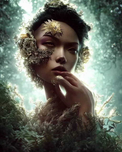 Prompt: beauteous sumptuous dark empress with incredible iridescent pearlescent voluminous hair, photorealistic crystalline masterpiece incrustations, hyperdetailed face, elegant pose, movie still, cinematic forest lighting, intricate accuracy, octane render, cgsociety, artgerm, unreal engine, crepuscular rays, god rays