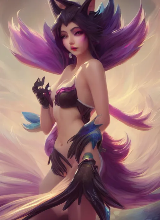 Image similar to ahri, from league of legends, au naturel, hyper detailed, digital art, trending in artstation, cinematic lighting, studio quality, smooth render, unreal engine 5 rendered, octane rendered, art style by klimt and nixeu and ian sprigger and wlop and krenz cushart