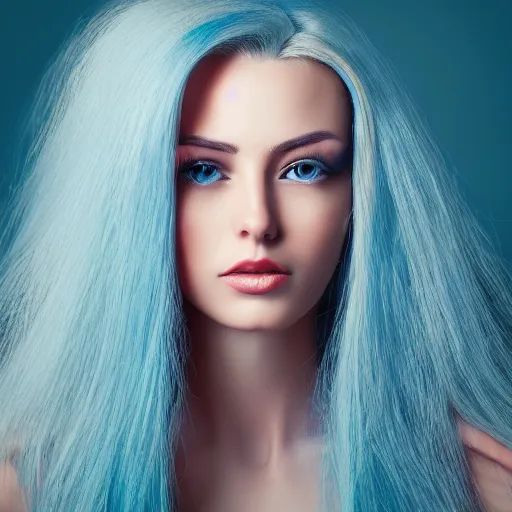 Prompt: a beautiful portrait of a woman with long blue Golden hair, studio camera setup, ultra realistic photo