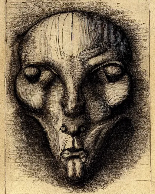 Image similar to head with four faces creature, drawn by da vinci