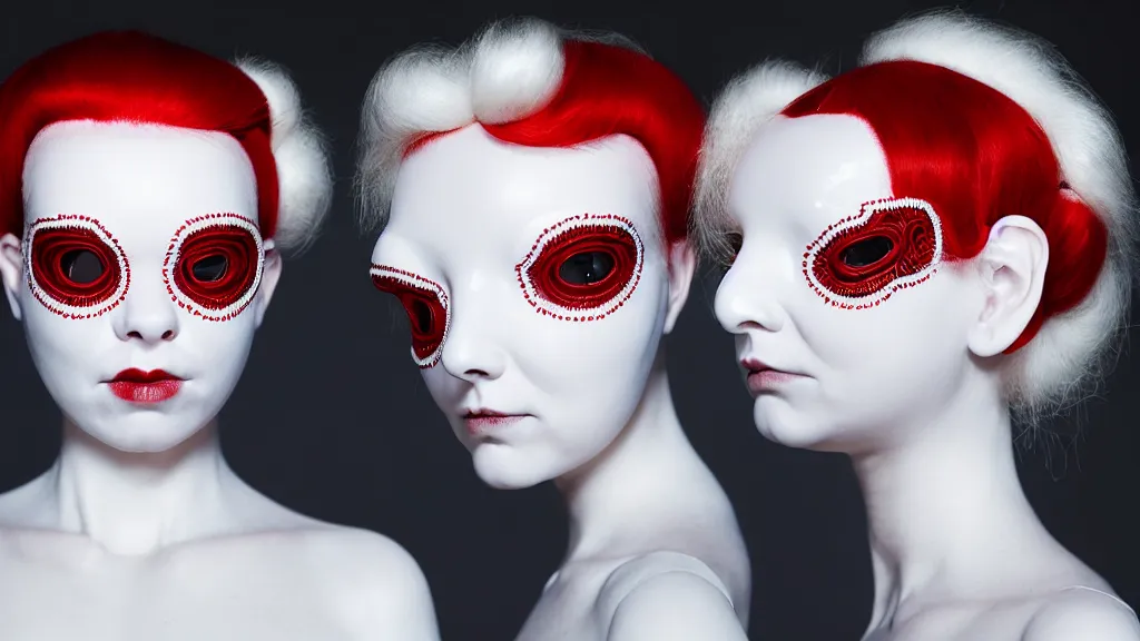 Image similar to symmetrical portrait of a woman wearing a silicone embroidered red beauty mask and white hair buns, wearing a black bodysuit by alexander mcqueen, cream white background, soft diffused light, biotechnology, humanoide robot, bjork aesthetic, translucent, by rineke dijkstra, intricate details, highly detailed, masterpiece,