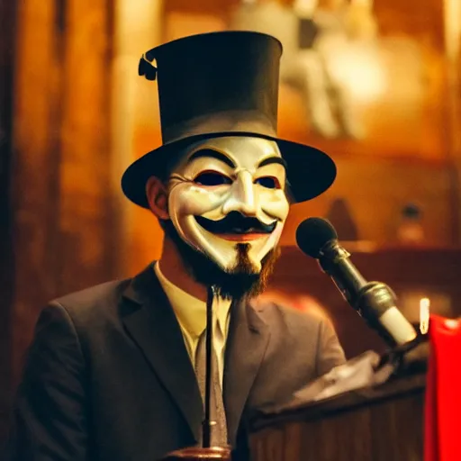 Image similar to man wearing guy fawkes mask at lectern speaking to university hall, photo, cinematic lighting