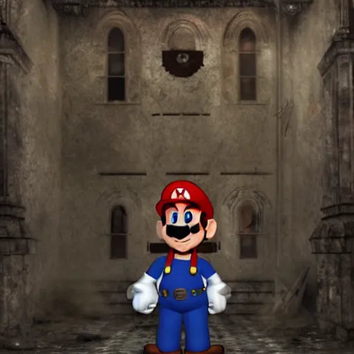 Image similar to mario in a ruined kingdom, resident evil, gothic horror, silent hill, occult, terror, mist