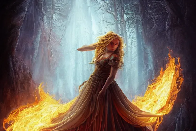 Image similar to Majestic painting of a beautiful young female fire goddess!! being corrupted by ice, intricate, epic, elegant, menacing, fantasy, highly detailed, digital painting, hard focus, beautiful volumetric lighting, epic light, ultra detailed, souls, smoke, icicle, frozen by Leesha Hannigan, Ross Tran, Thierry Doizon, Kai Carpenter, Ignacio Fernández Ríos